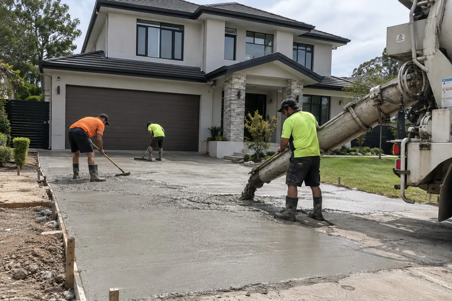Mackay concreters screeding a driveway pour from a concrete truck chute