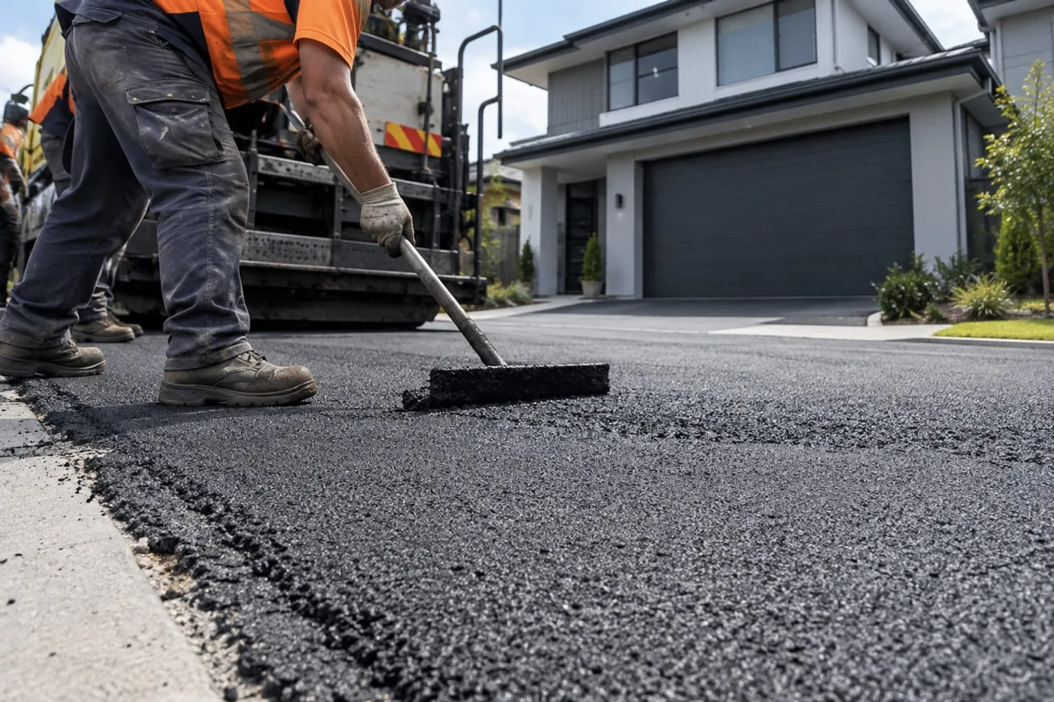 Crew laying fresh surfacing across a driveway at a modern Mackay home