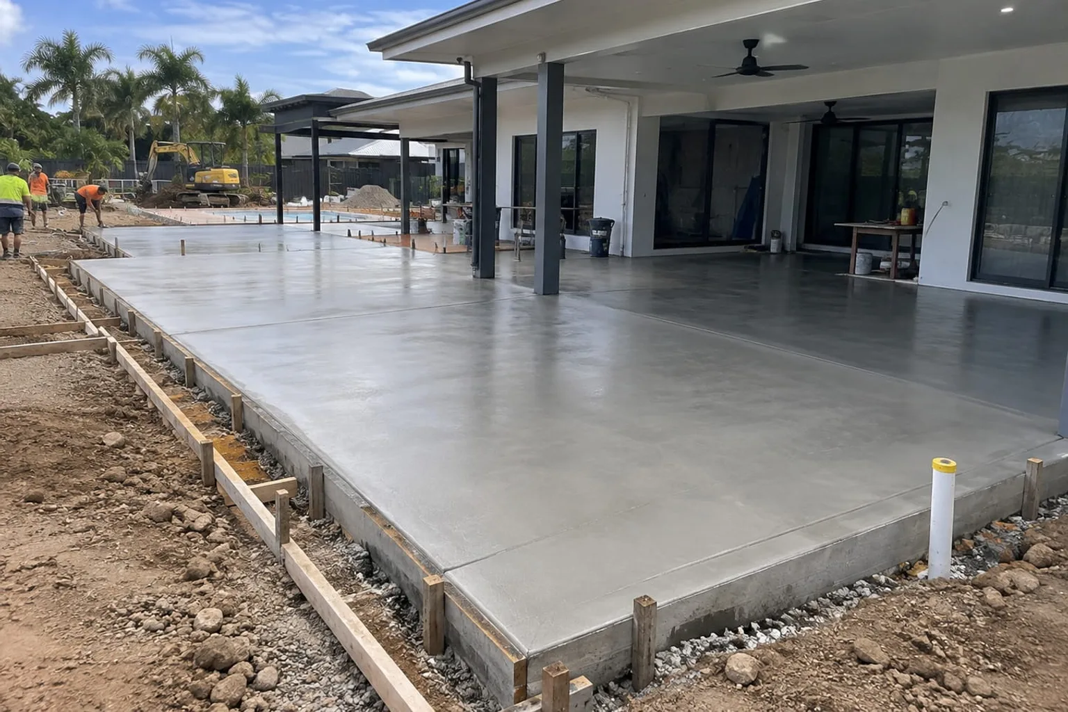 Newly poured concrete patio wrapping around a Mackay home beside a pool