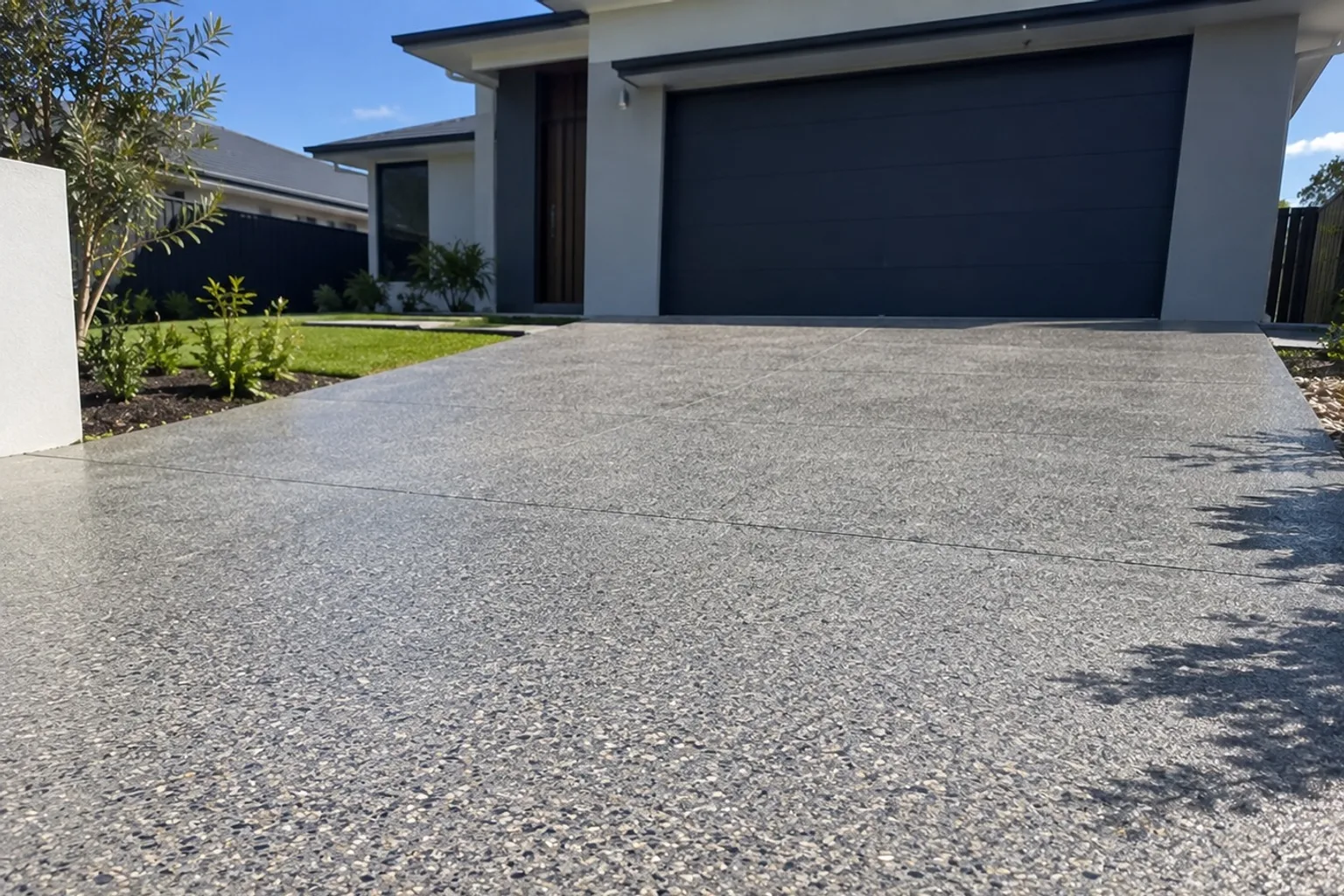 Wide exposed aggregate concrete surface beside a modern Mackay home
