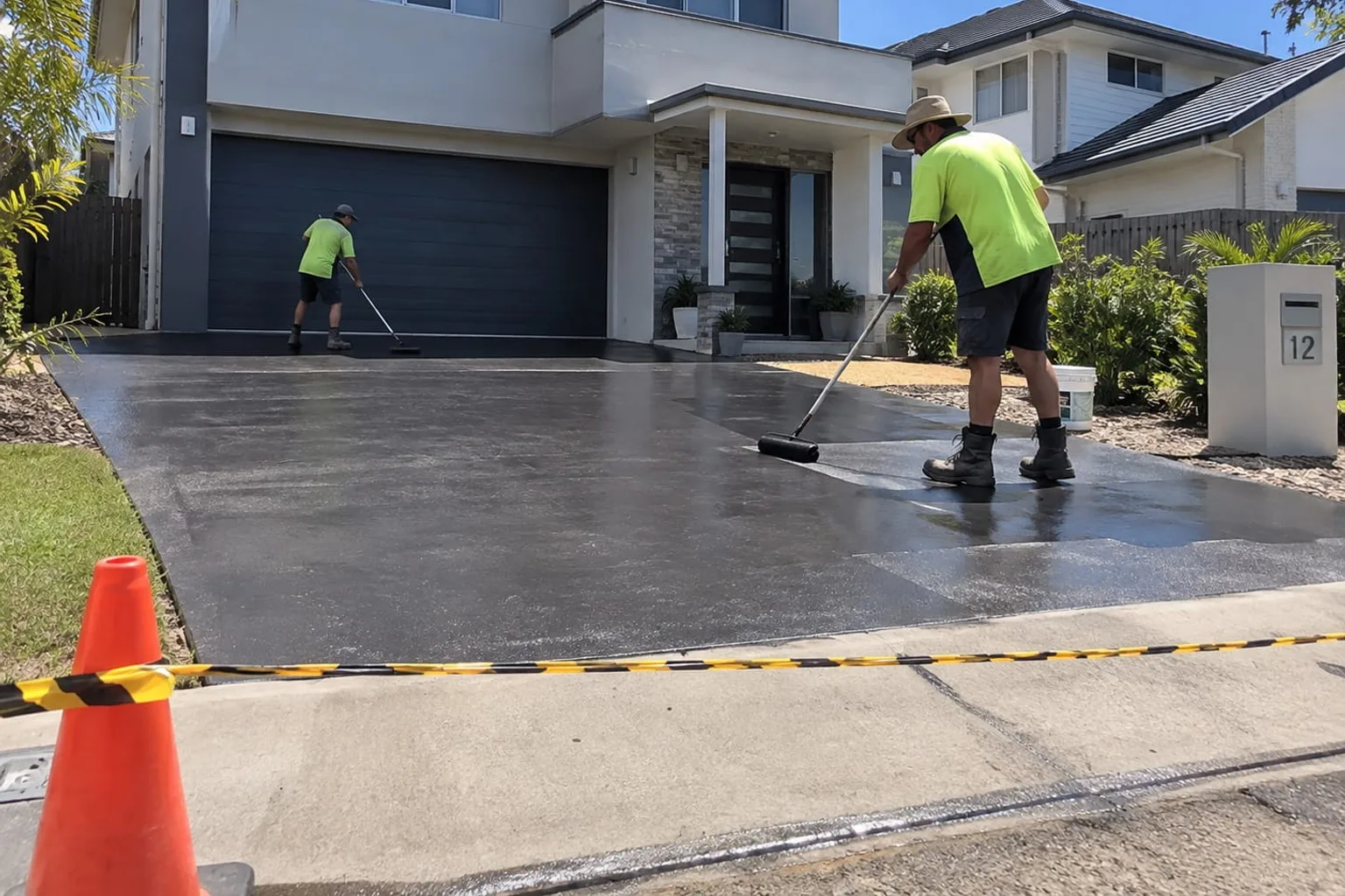 Mackay concreters rolling sealer across a freshly cleaned residential driveway