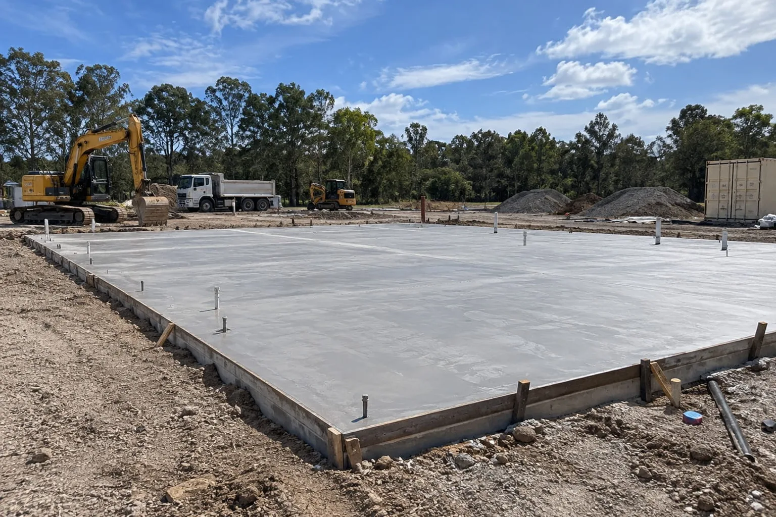 Finished reinforced concrete slab in timber formwork on a cleared Mackay building site
