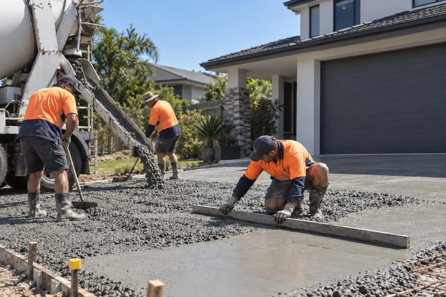 Concreters screeding a replacement driveway slab poured from a concrete truck in Mackay