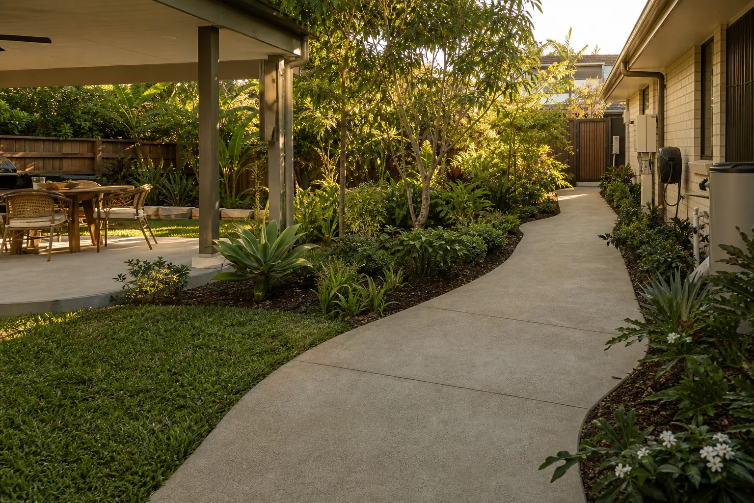 Concrete pathway linking outdoor living and side access at a Mackay home