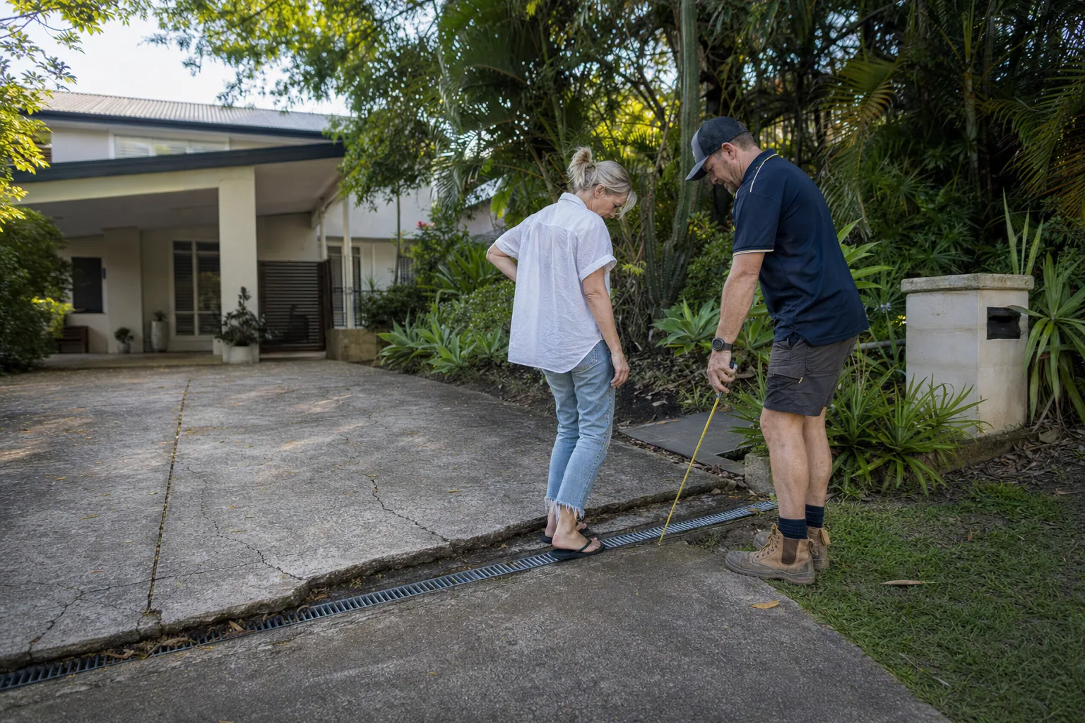 Mackay concreter and homeowner assessing an ageing driveway and drainage