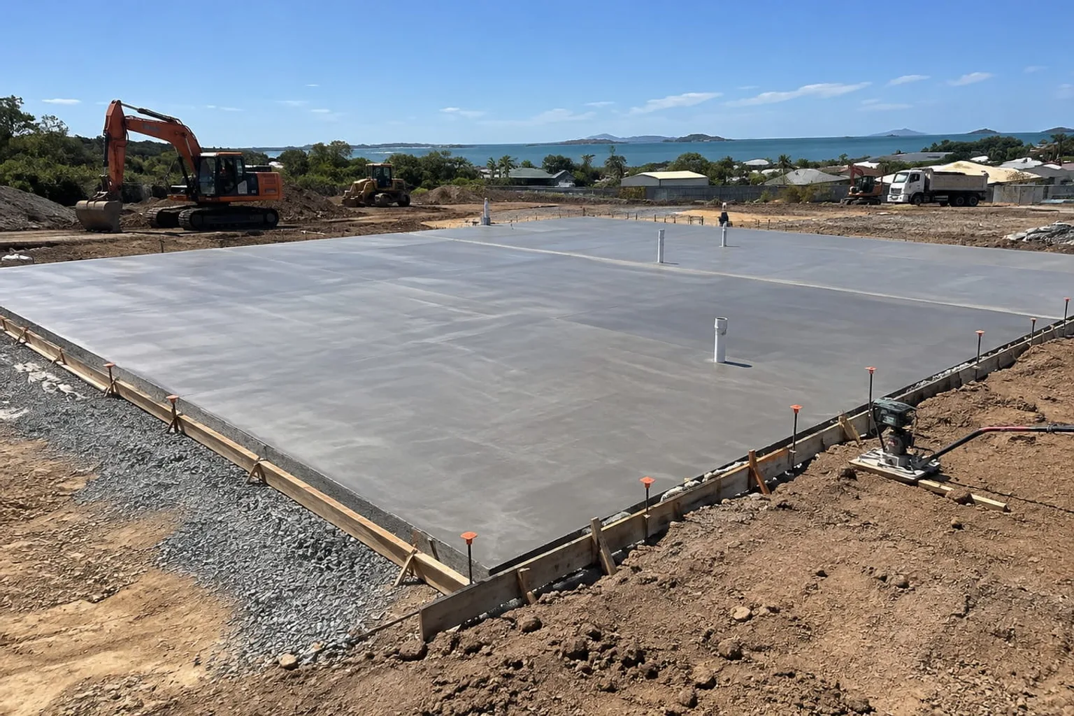 Freshly finished shed slab in formwork on a coastal Mackay block